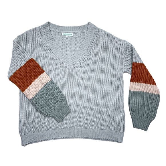 Shop The Mint Sweater Womens Size Small Gray V Neck Knit Pullover Oversized - Picture 1 of 9